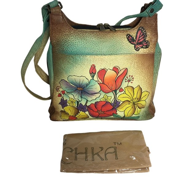 Anuschka NEVER USED Handpainted Leather Shoulder Bag Butterfly Floral - Picture 5 of 15